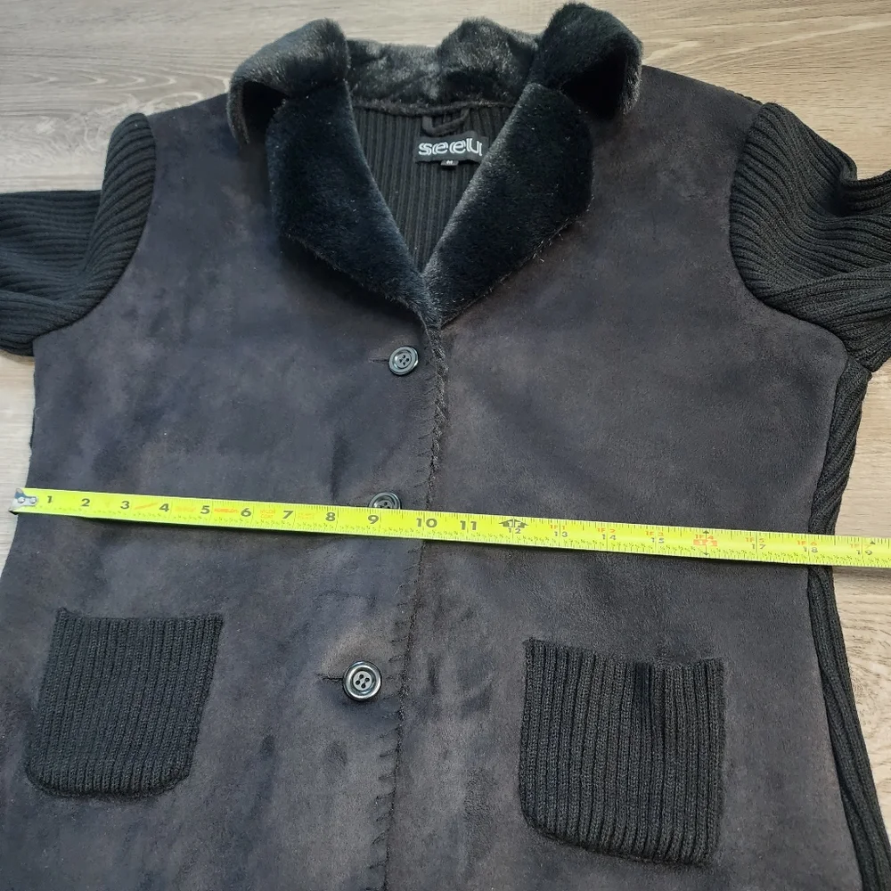 SEEU Black Ribbed Knit Faux Fur Button Down Sweater Jacket - Picture 9 of 16